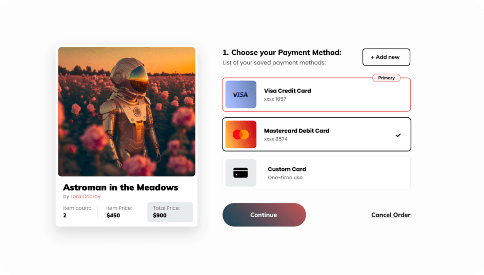 Payment checkout screen to buy NFTs with credit and debit cards 