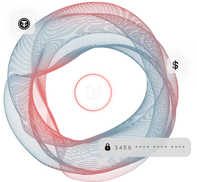 Circular mesh with the logo of Digital Artists and icons of Dollar, USDT, and credit card number.