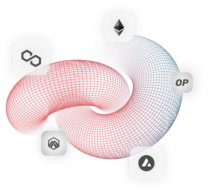 Logos of blockchain protocols like Ethereum, Polygon, Arbitrum, Avalanche, and Optimism