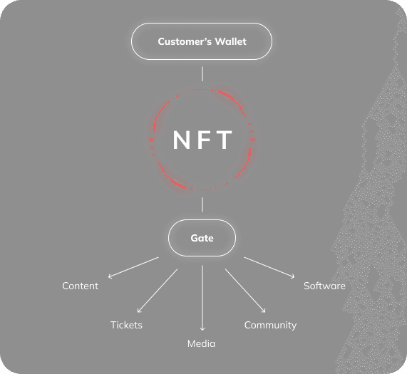 Flow chart of token gating showing customer wallet holding NFT having gated access to content, ticket, media, community, and software